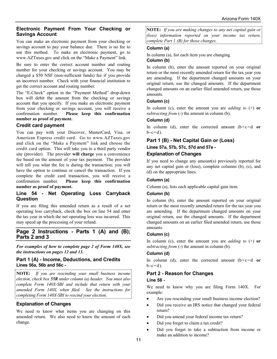 Instructions for Arizona Form 140X, ADOR10573 Individual Amended Income Tax Return for Forms 140, 140a, 140ez, 140nr and 140py - Arizona, Page 11