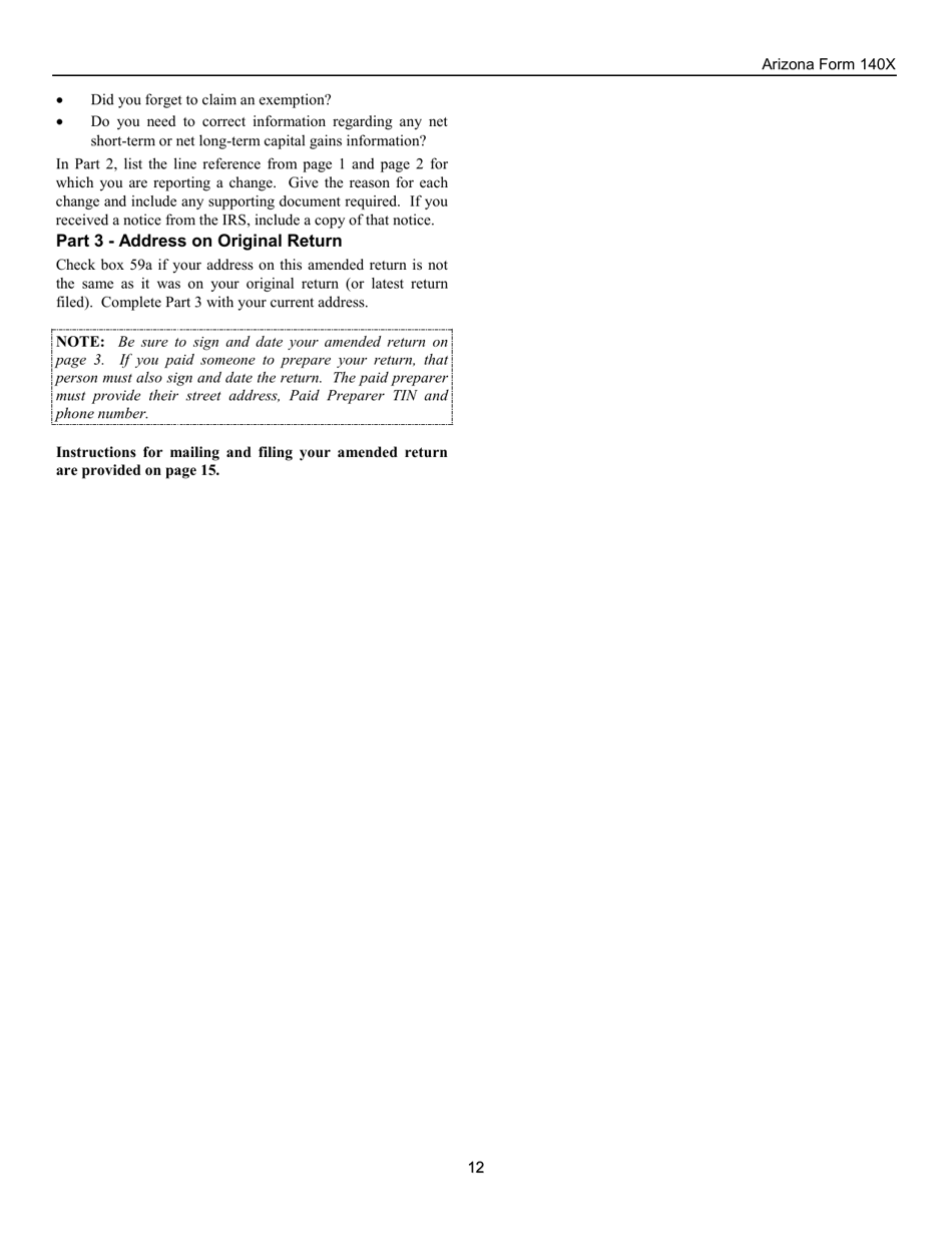 Instructions for Arizona Form 140X, ADOR10573 Individual Amended Income Tax Return for Forms 140, 140a, 140ez, 140nr and 140py - Arizona, Page 12