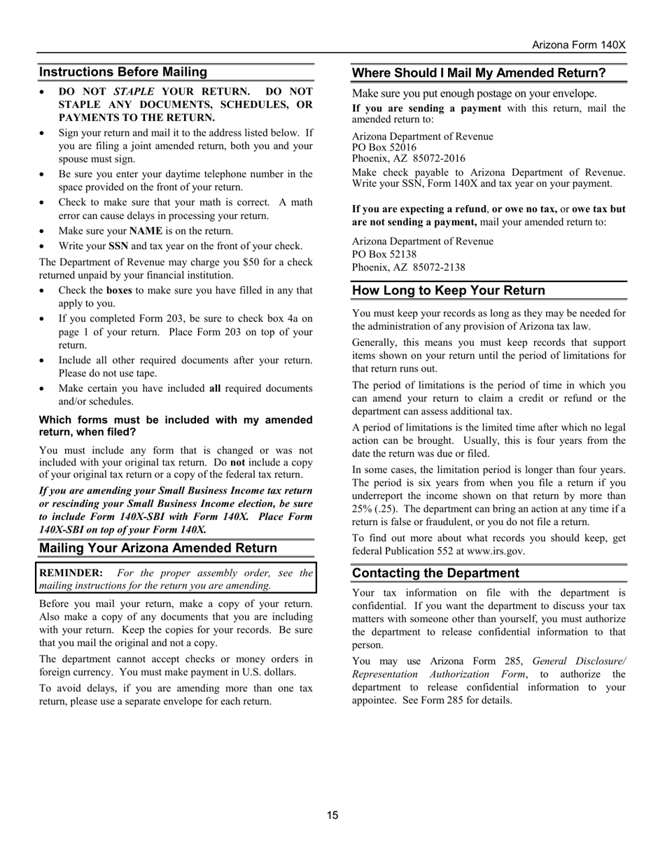 Instructions for Arizona Form 140X, ADOR10573 Individual Amended Income Tax Return for Forms 140, 140a, 140ez, 140nr and 140py - Arizona, Page 15