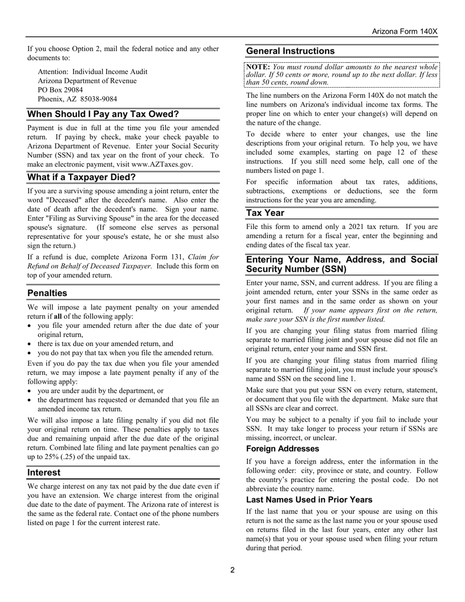 Instructions for Arizona Form 140X, ADOR10573 Individual Amended Income Tax Return for Forms 140, 140a, 140ez, 140nr and 140py - Arizona, Page 2