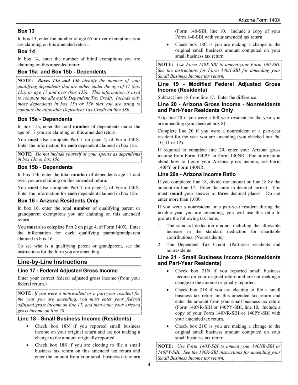 Instructions for Arizona Form 140X, ADOR10573 Individual Amended Income Tax Return for Forms 140, 140a, 140ez, 140nr and 140py - Arizona, Page 4