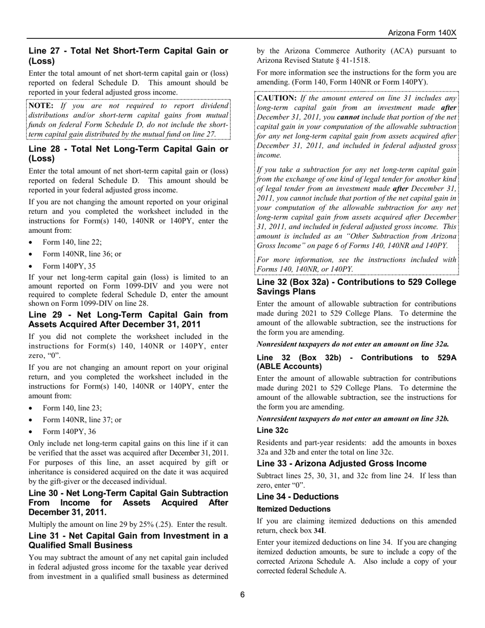 Instructions for Arizona Form 140X, ADOR10573 Individual Amended Income Tax Return for Forms 140, 140a, 140ez, 140nr and 140py - Arizona, Page 6