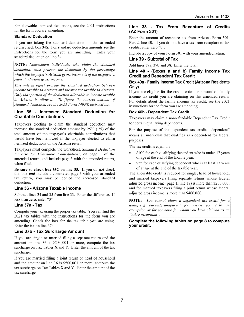 Instructions for Arizona Form 140X, ADOR10573 Individual Amended Income Tax Return for Forms 140, 140a, 140ez, 140nr and 140py - Arizona, Page 7