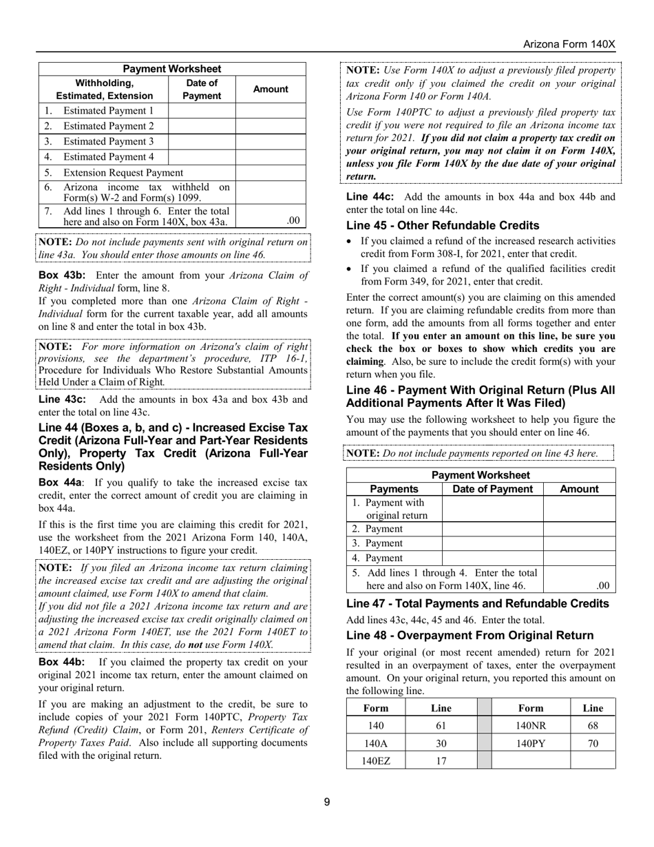 Instructions for Arizona Form 140X, ADOR10573 Individual Amended Income Tax Return for Forms 140, 140a, 140ez, 140nr and 140py - Arizona, Page 9