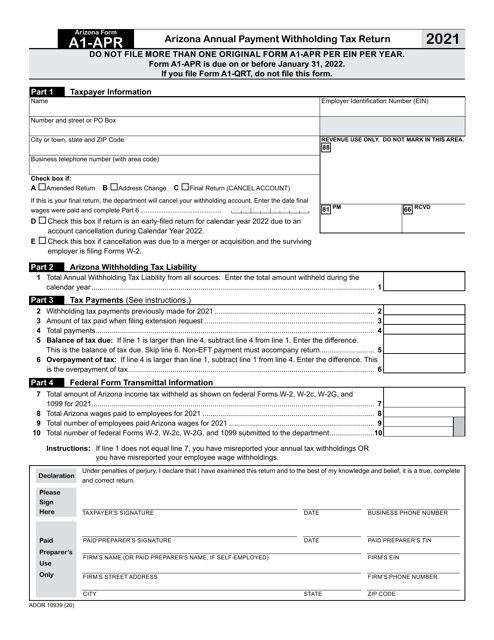 Arizona Form A1-APR (ADOR10939) 2021 Printable Pdf