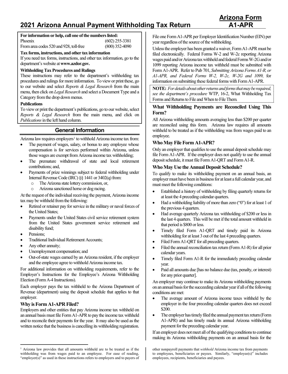 Instructions for Arizona Form A1-APR, ADOR10939 Arizona Annual Payment Withholding Tax Return - Arizona, Page 1