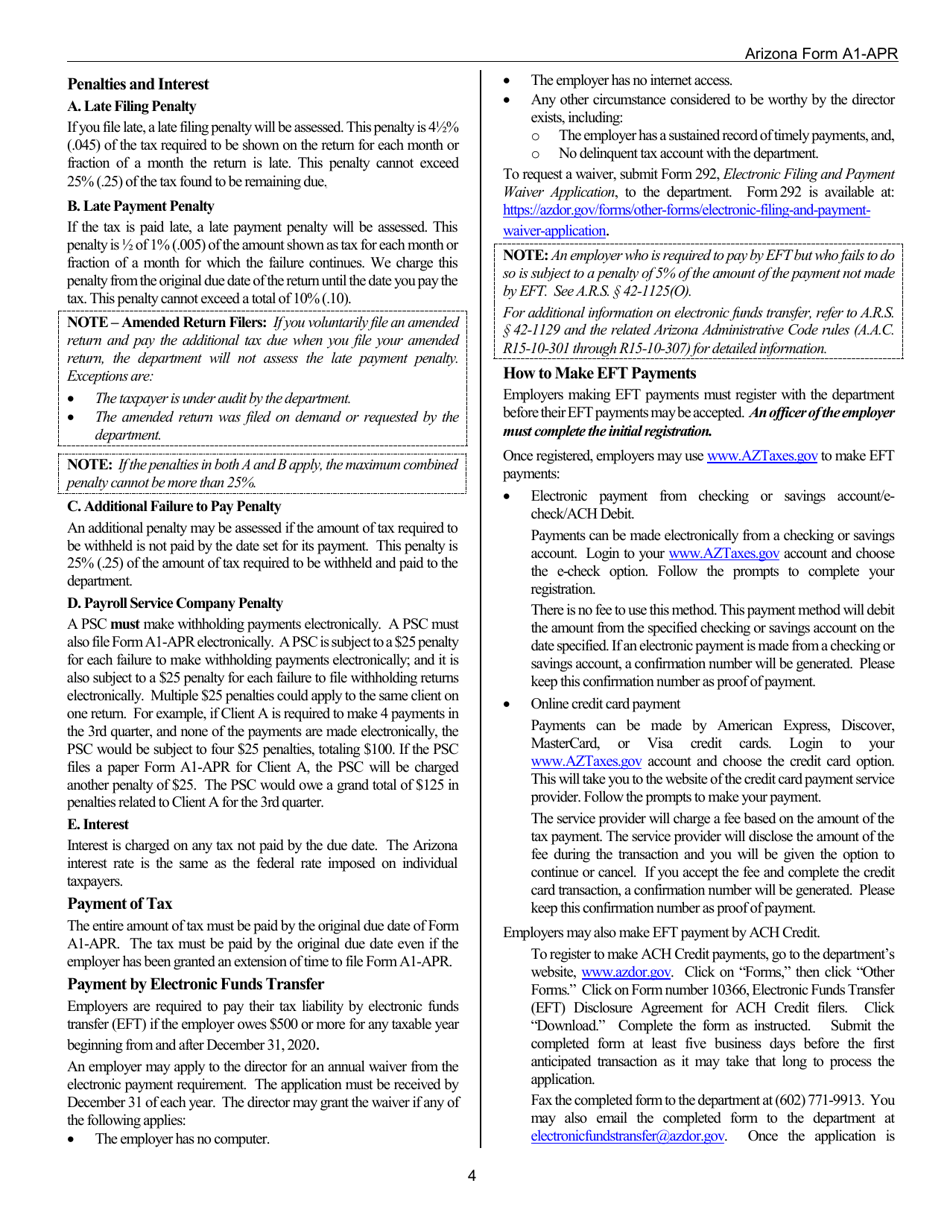 Instructions for Arizona Form A1-APR, ADOR10939 Arizona Annual Payment Withholding Tax Return - Arizona, Page 4