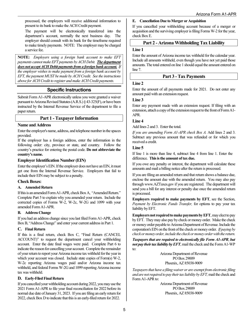 Instructions for Arizona Form A1-APR, ADOR10939 Arizona Annual Payment Withholding Tax Return - Arizona, Page 5