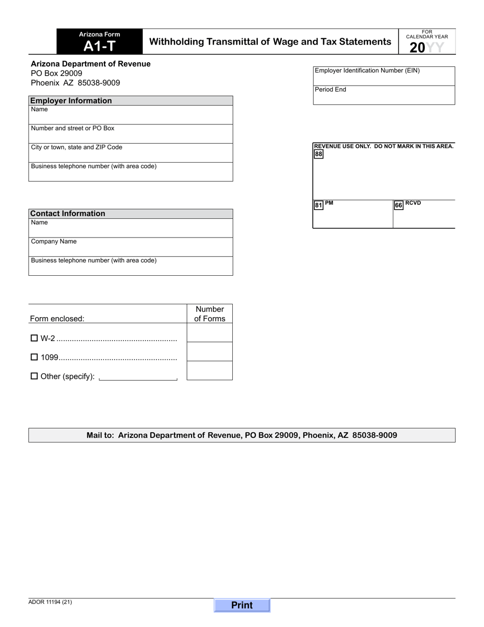 Form A1-T (ADOR11194) Withholding Transmittal of Wage and Tax Statements - Arizona, Page 1