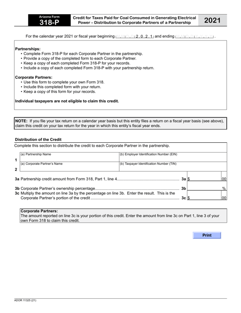 Arizona Form 318-P (ADOR11325) 2021 Printable Pdf