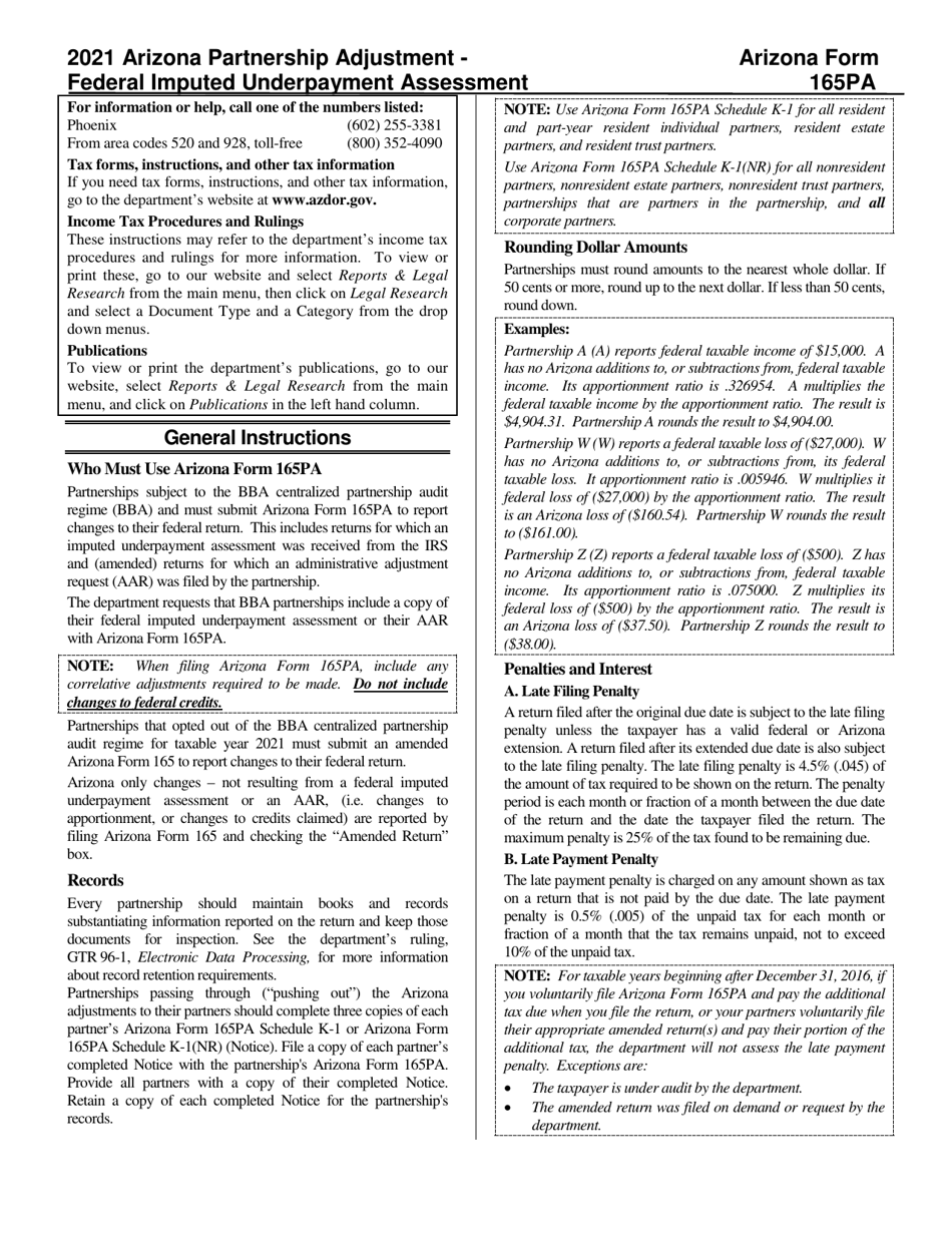 Instructions for Arizona Form 165PA, ADOR11291 - Arizona, Page 1