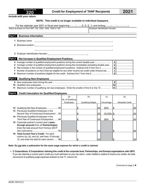 Arizona Form 320 (ADOR10579) 2021 Printable Pdf