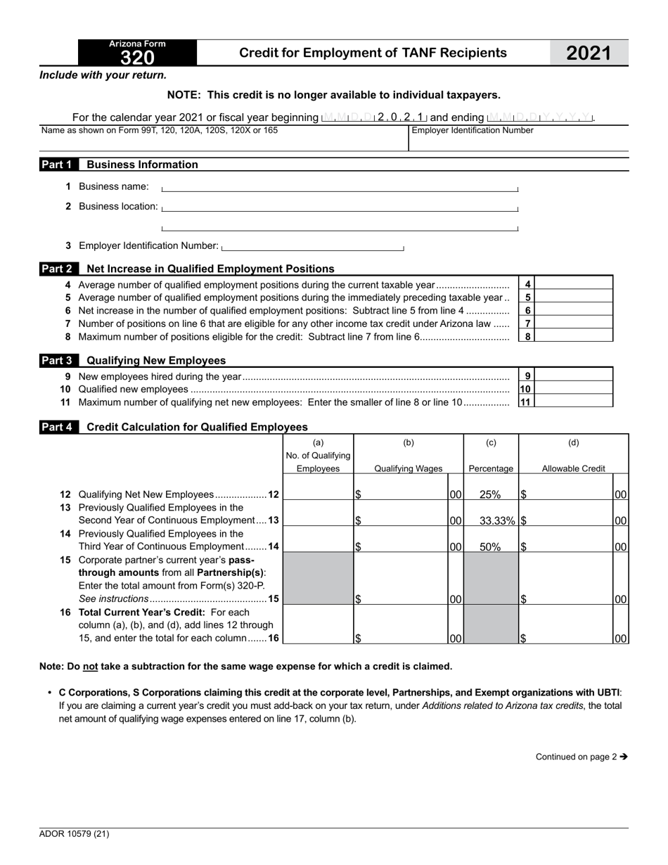 Arizona Form 320 (ADOR10579) Credit for Employment of TANF Recipients - Arizona, Page 1