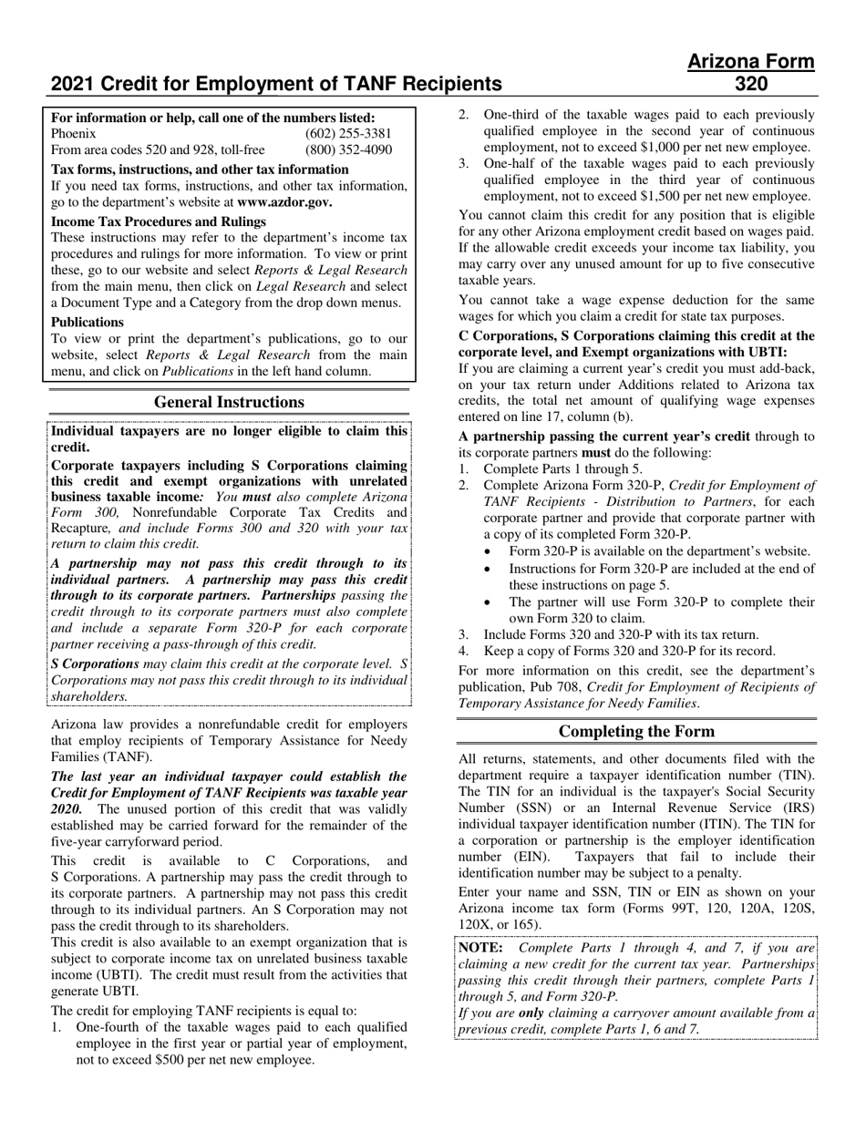 Instructions for Arizona Form 320, ADOR10579, Arizona Form 320-P, ADOR11311 - Arizona, Page 1