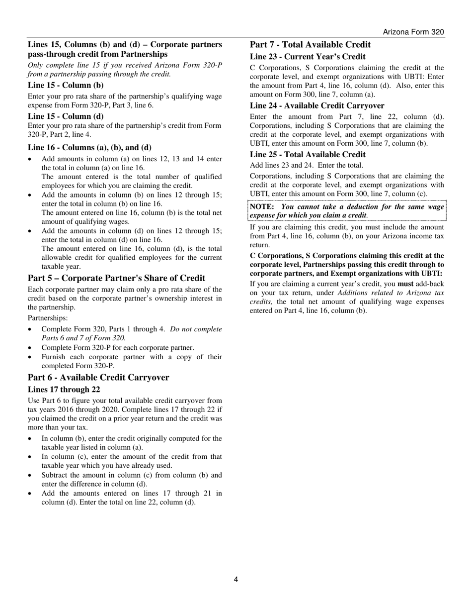 Instructions for Arizona Form 320, ADOR10579, Arizona Form 320-P, ADOR11311 - Arizona, Page 4
