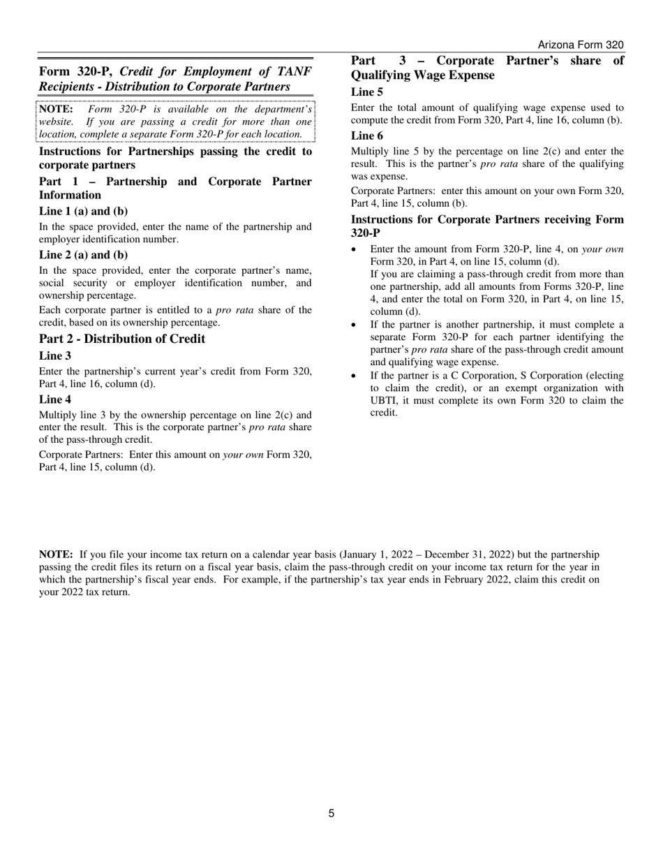 Instructions for Arizona Form 320, ADOR10579, Arizona Form 320-P, ADOR11311 - Arizona, Page 5