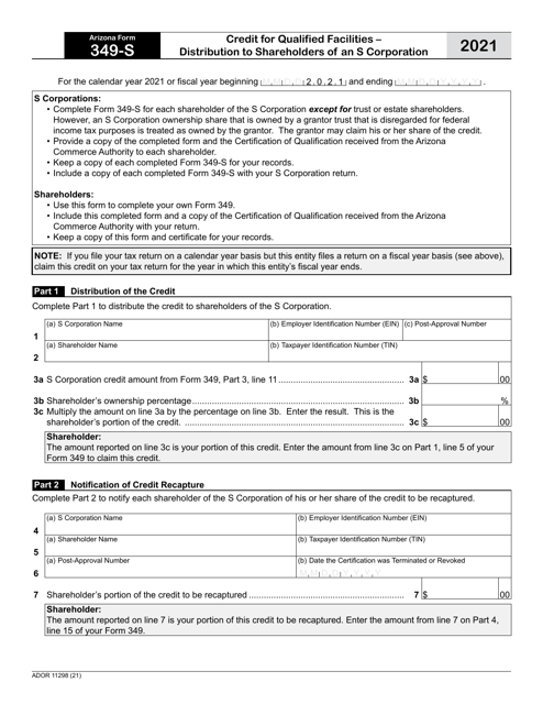 Arizona Form 349-S (ADOR11298) 2021 Printable Pdf