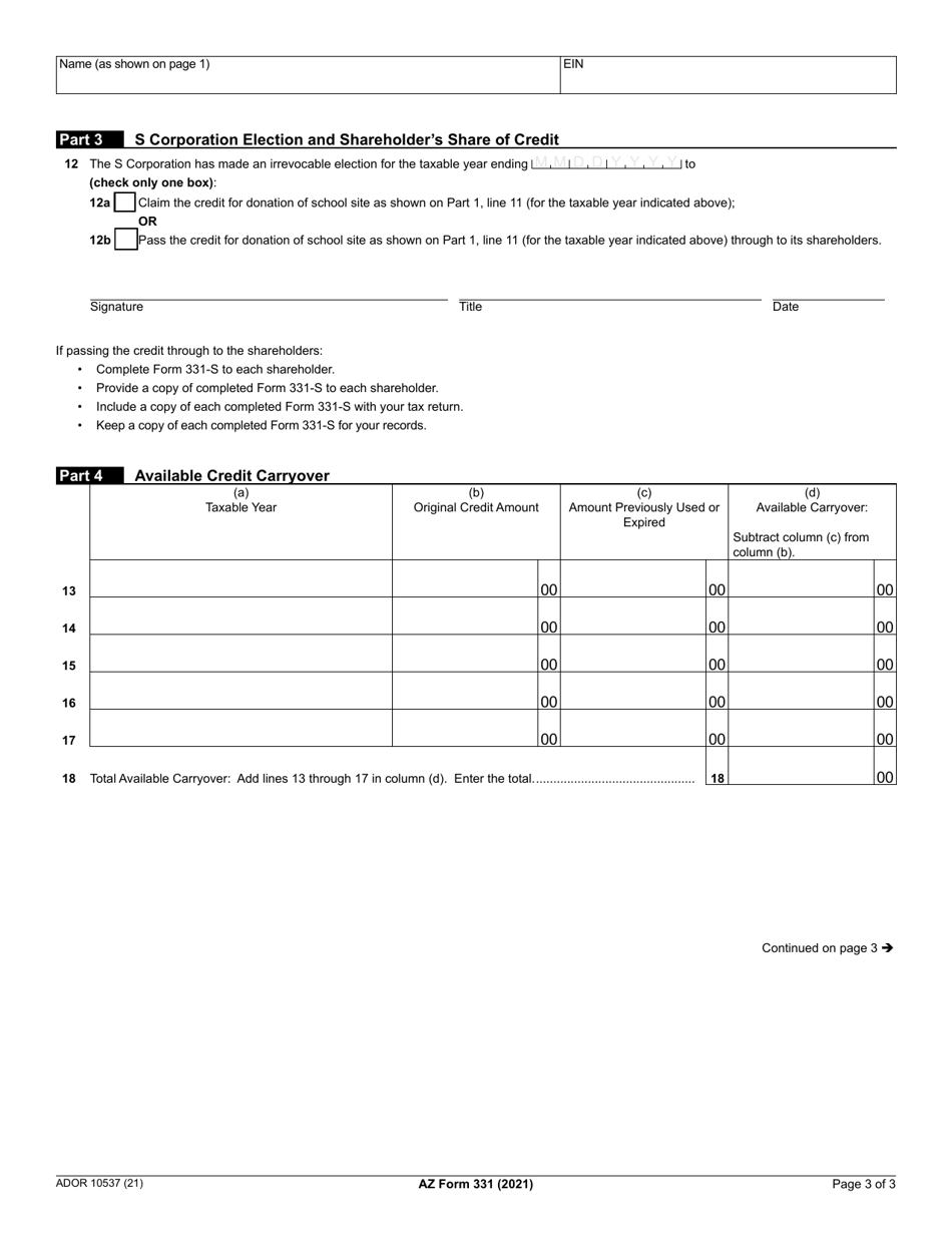 Arizona Form 331 (ADOR10537) Credit for Donation of School Site - Arizona, Page 2