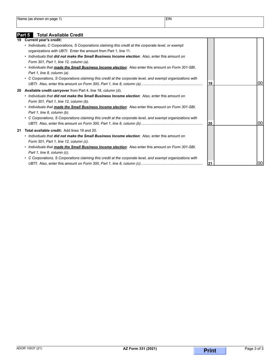 Arizona Form 331 (ADOR10537) Credit for Donation of School Site - Arizona, Page 3