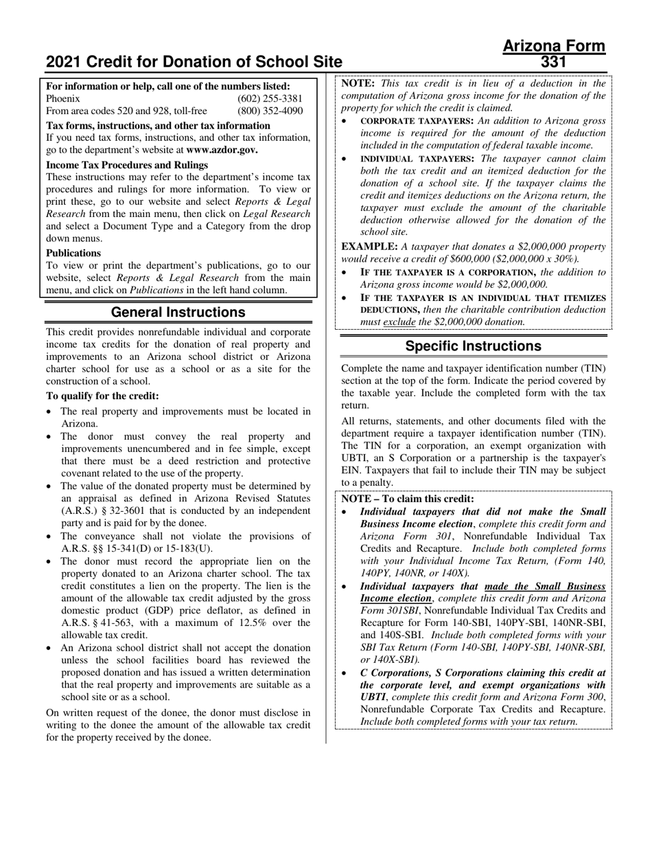 Instructions for Arizona Form 331, ADOR10537, Arizona Form 331-P, ADOR11328, Arizona Form 331-S, ADOR11329 - Arizona, Page 1