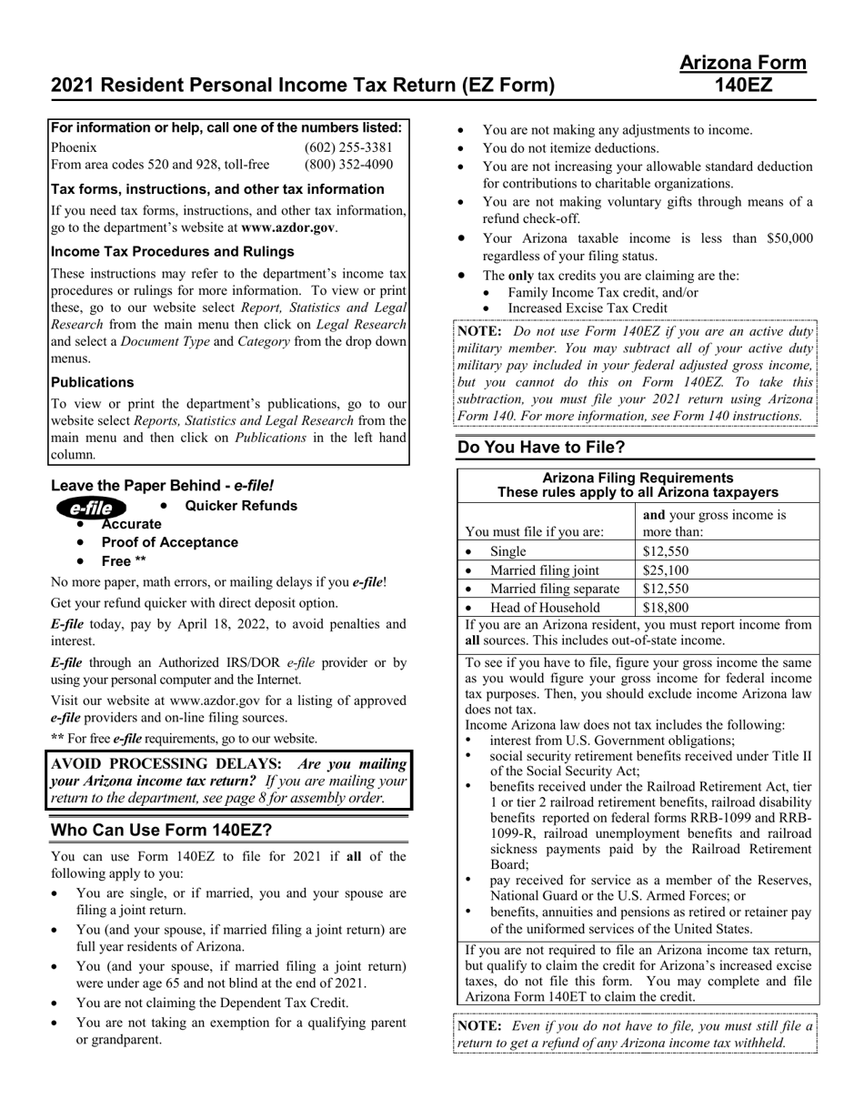 Download Instructions for Arizona Form 140EZ, ADOR10534 Resident