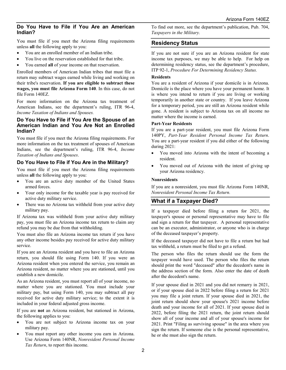 Instructions for Arizona Form 140EZ, ADOR10534 Resident Personal Income Tax Return (Ez Form) - Arizona, Page 2