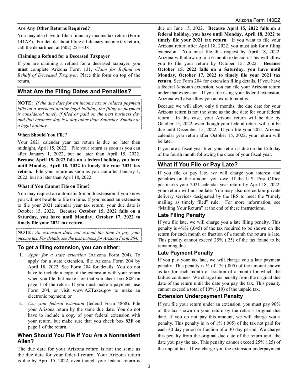 Instructions for Arizona Form 140EZ, ADOR10534 Resident Personal Income Tax Return (Ez Form) - Arizona, Page 3