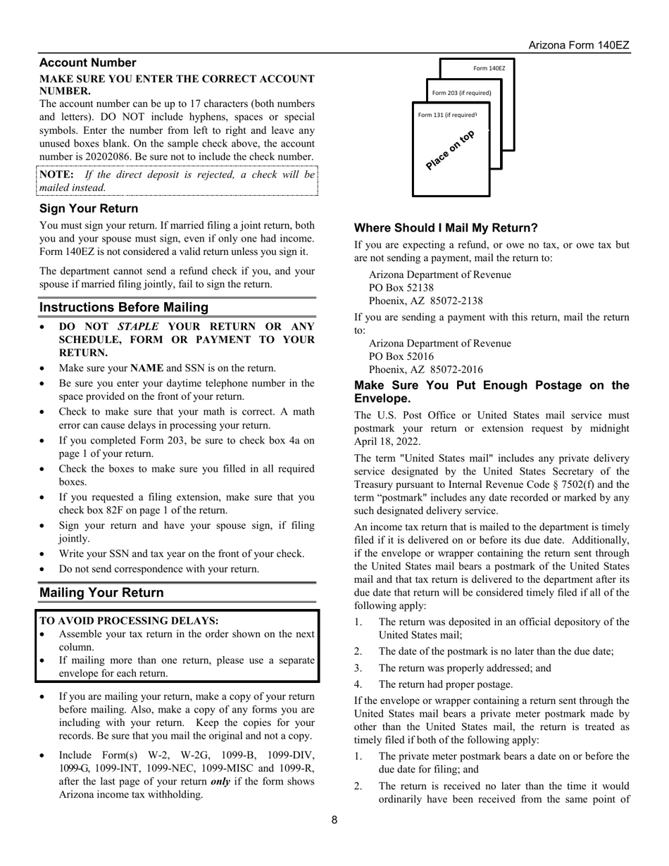 Instructions for Arizona Form 140EZ, ADOR10534 Resident Personal Income Tax Return (Ez Form) - Arizona, Page 8