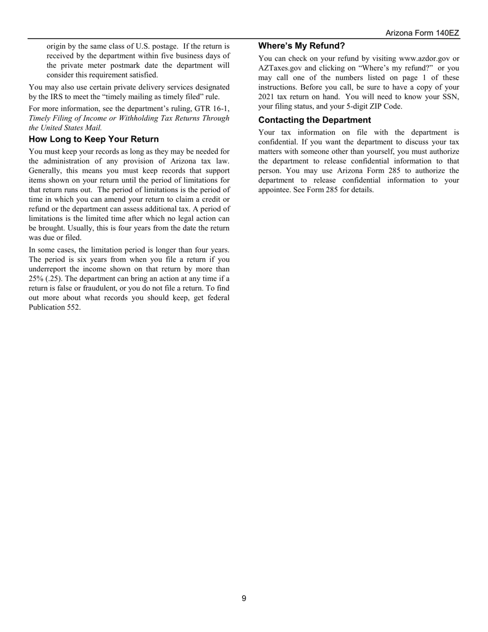Instructions for Arizona Form 140EZ, ADOR10534 Resident Personal Income Tax Return (Ez Form) - Arizona, Page 9