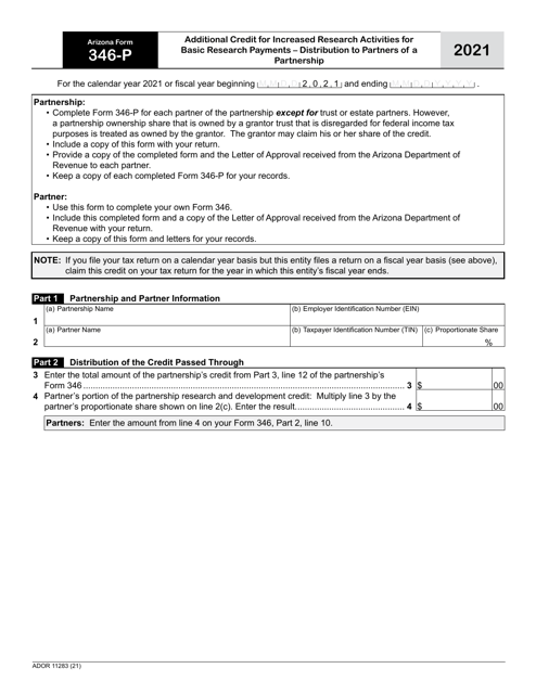 Arizona Form 346-P (ADOR11283) 2021 Printable Pdf