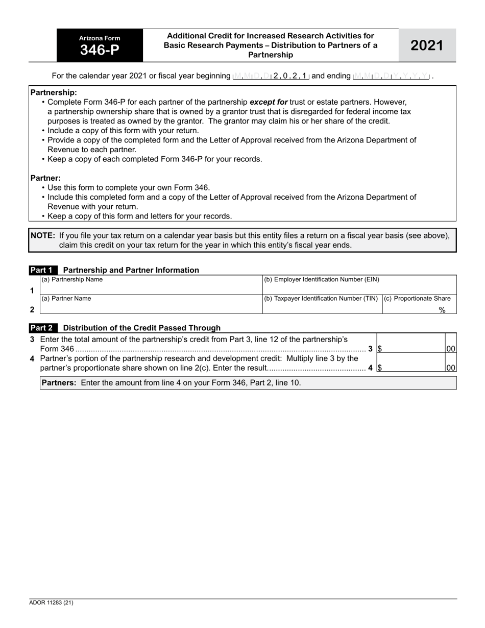 Arizona Form 346-P (ADOR11283) Additional Credit for Increased Research Activities for Basic Research Payments - Distribution to Partners of a Partnership - Arizona, Page 1