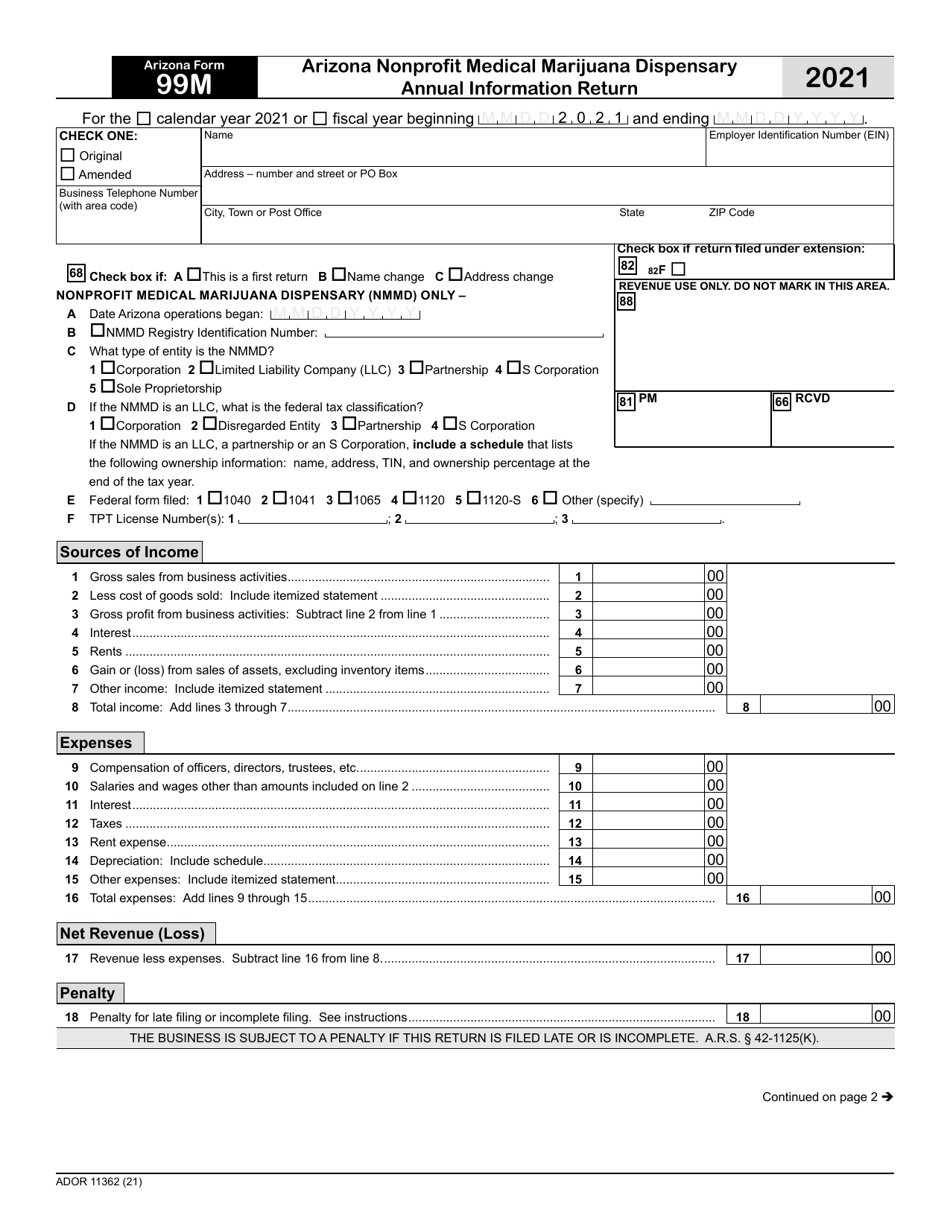 Arizona Form 99M (ADOR11362) Arizona Nonprofit Medical Marijuana Dispensary Annual Information Return - Arizona, Page 1