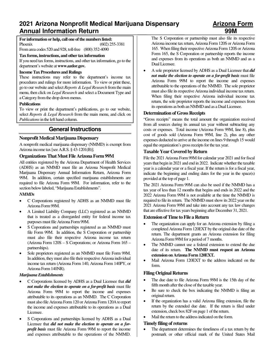 Instructions for Arizona Form 99M, ADOR11362 Arizona Nonprofit Medical Marijuana Dispensary Annual Information Return - Arizona, Page 1