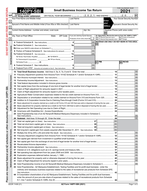 Arizona Form 140PY-SBI (ADOR11408) 2021 Printable Pdf