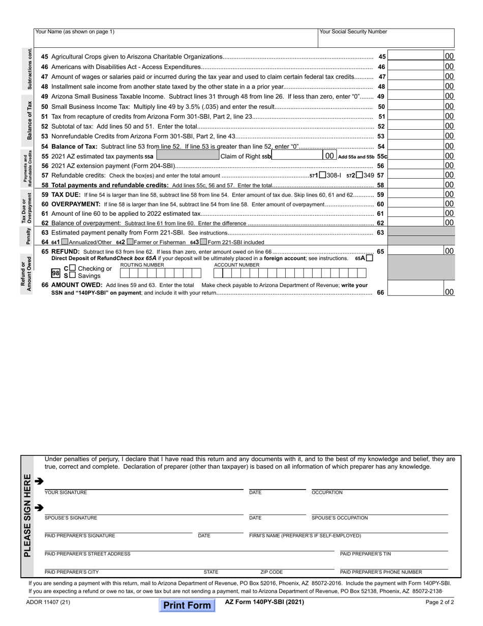 Arizona Form 140py Sbi Ador11408 2021 Fill Out Sign Online And Download Fillable Pdf 3539