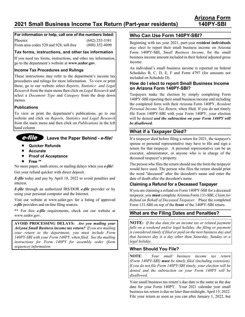 Download Instructions for Arizona Form 140PYSBI, ADOR11408 Small