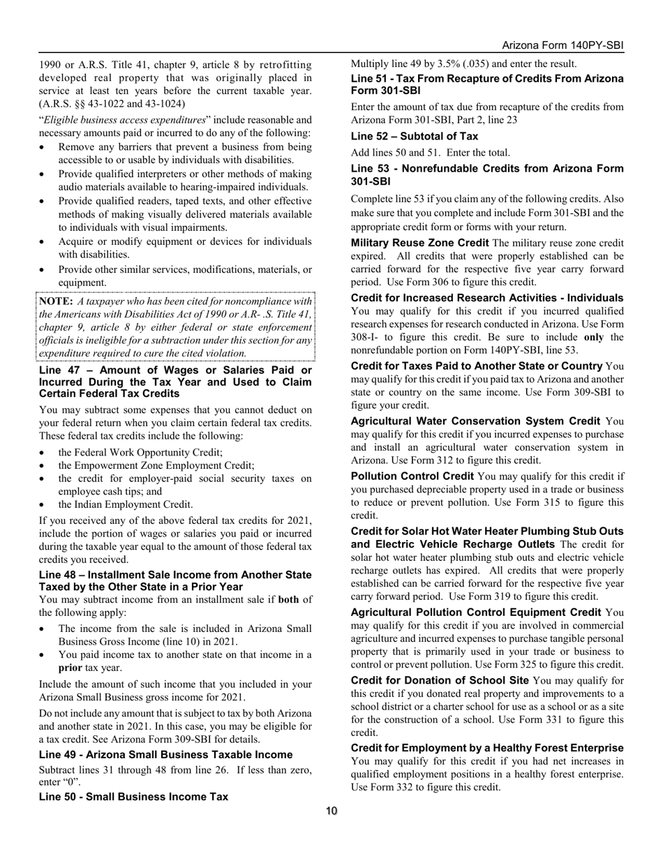 Instructions for Arizona Form 140PY-SBI, ADOR11408 Small Business Income Tax Return - Arizona, Page 10