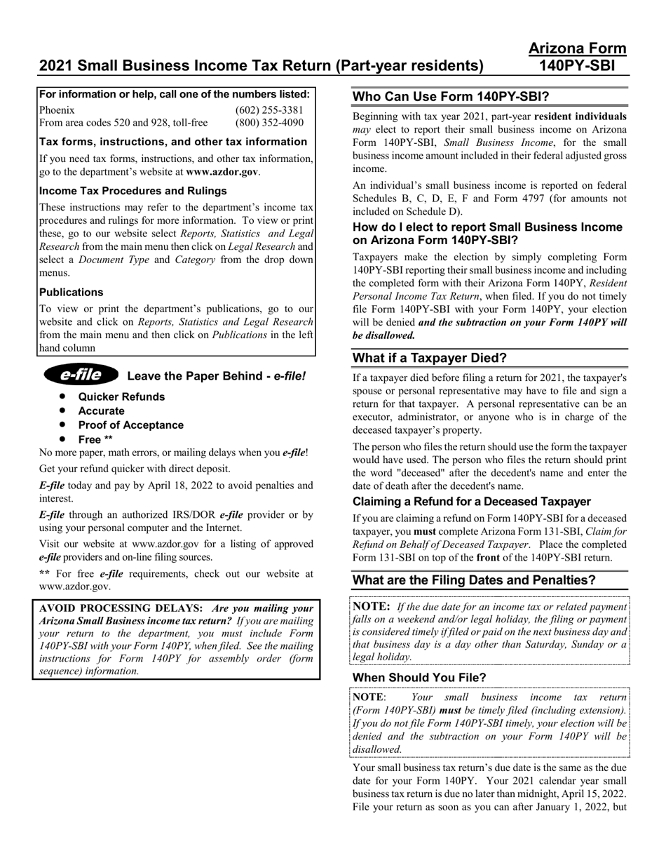 Instructions for Arizona Form 140PY-SBI, ADOR11408 Small Business Income Tax Return - Arizona, Page 1