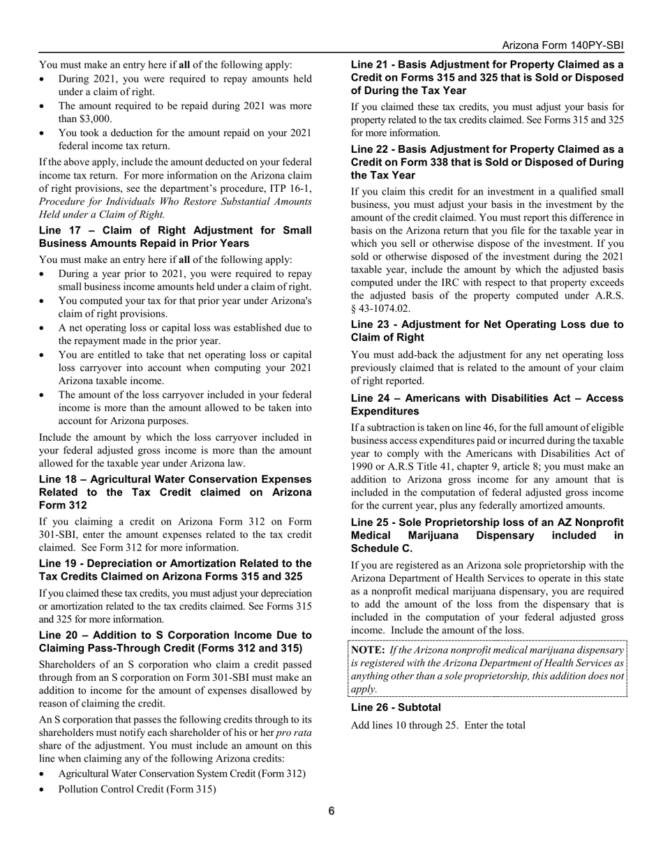 Instructions for Arizona Form 140PY-SBI, ADOR11408 Small Business Income Tax Return - Arizona, Page 6