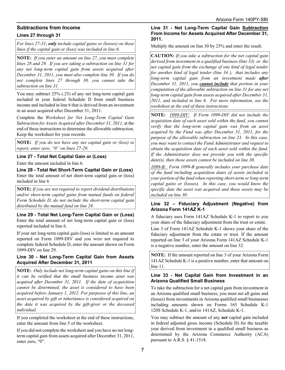 Instructions for Arizona Form 140PY-SBI, ADOR11408 Small Business Income Tax Return - Arizona, Page 7