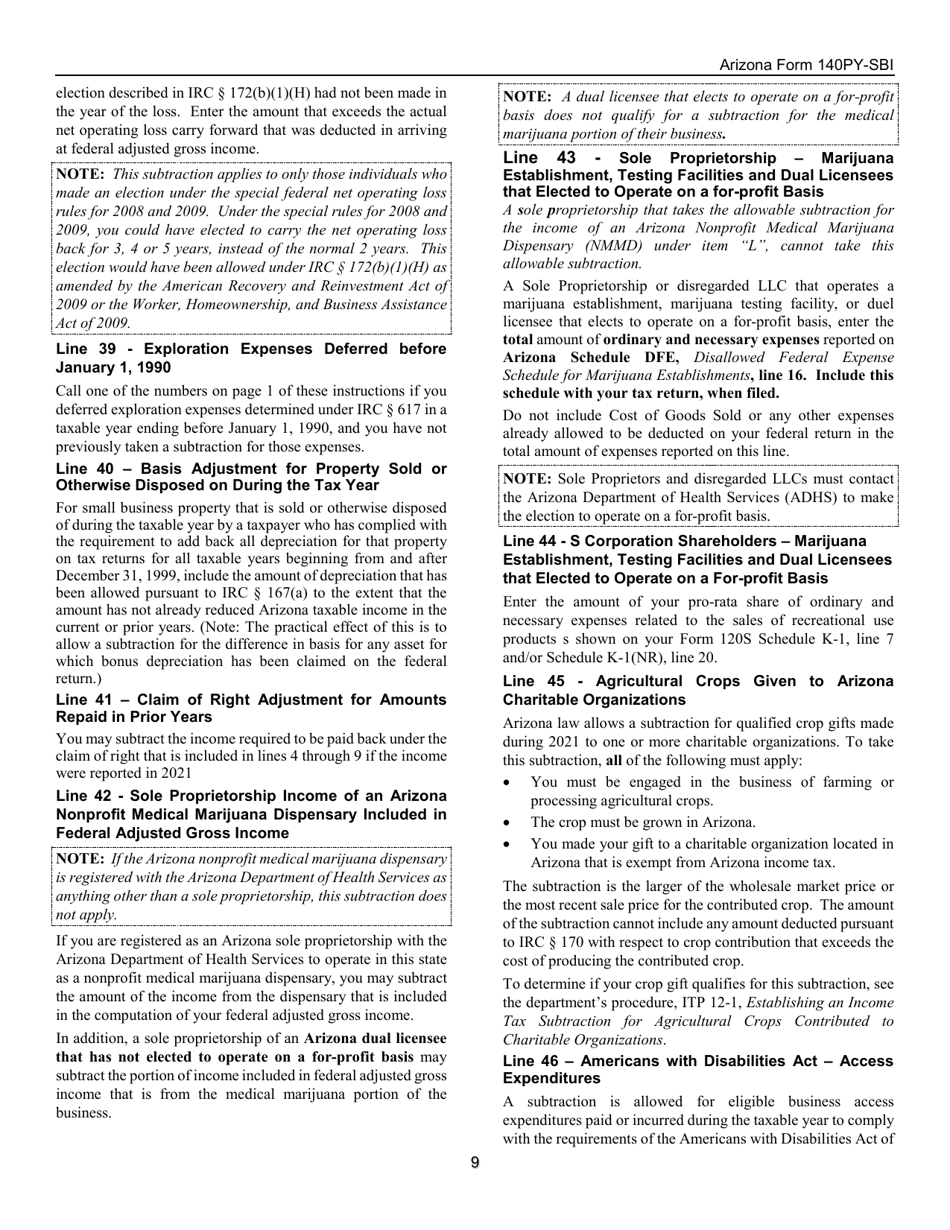 Instructions for Arizona Form 140PY-SBI, ADOR11408 Small Business Income Tax Return - Arizona, Page 9
