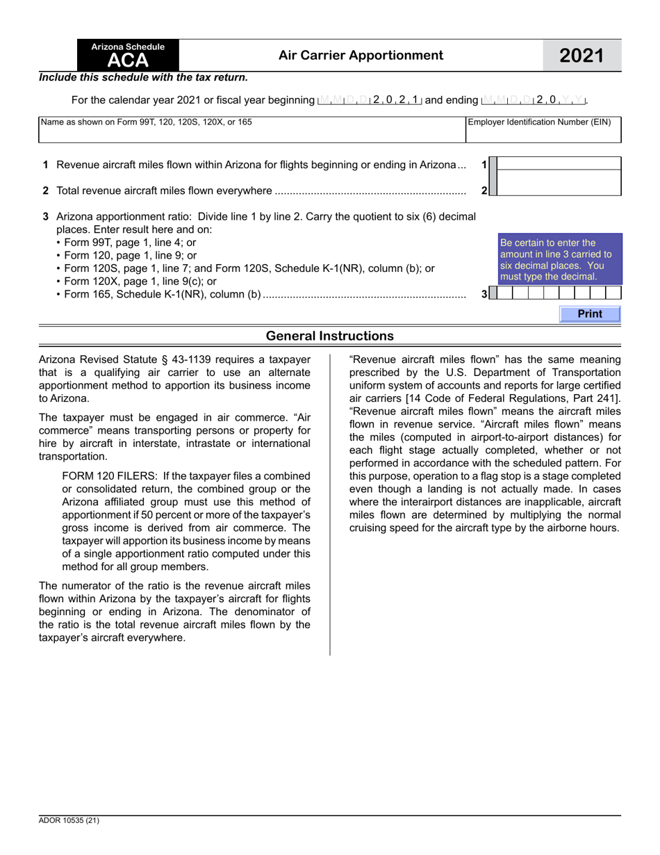 Form ADOR10535 Schedule ACA Air Carrier Apportionment - Arizona, Page 1