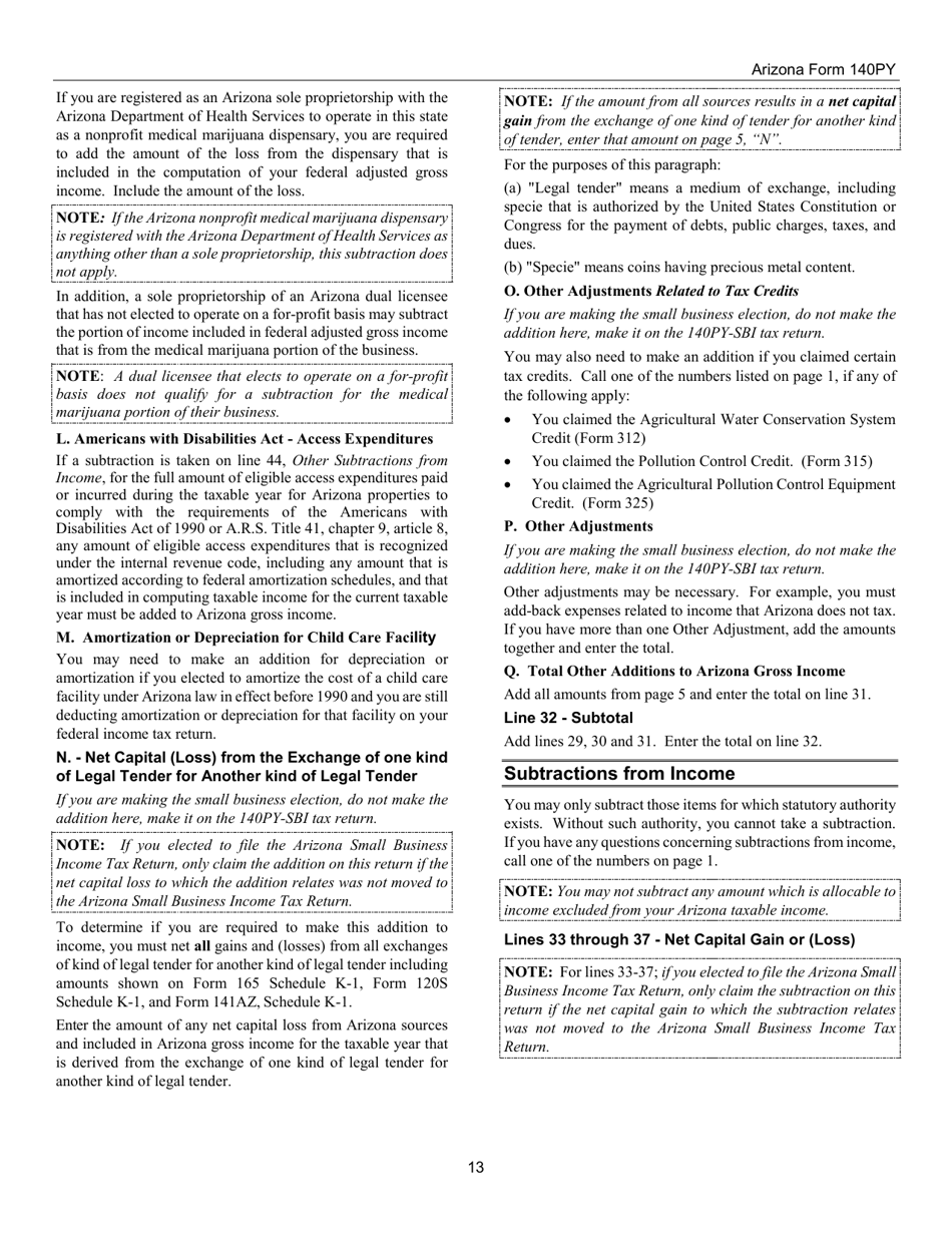 Instructions for Arizona Form 140PY, ADOR10149 Part-Year Resident Personal Income Tax Return - Arizona, Page 13