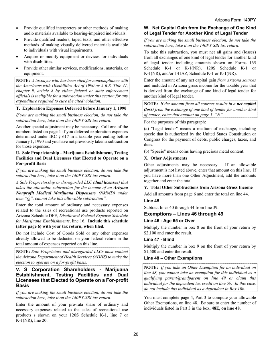 Instructions for Arizona Form 140PY, ADOR10149 Part-Year Resident Personal Income Tax Return - Arizona, Page 20