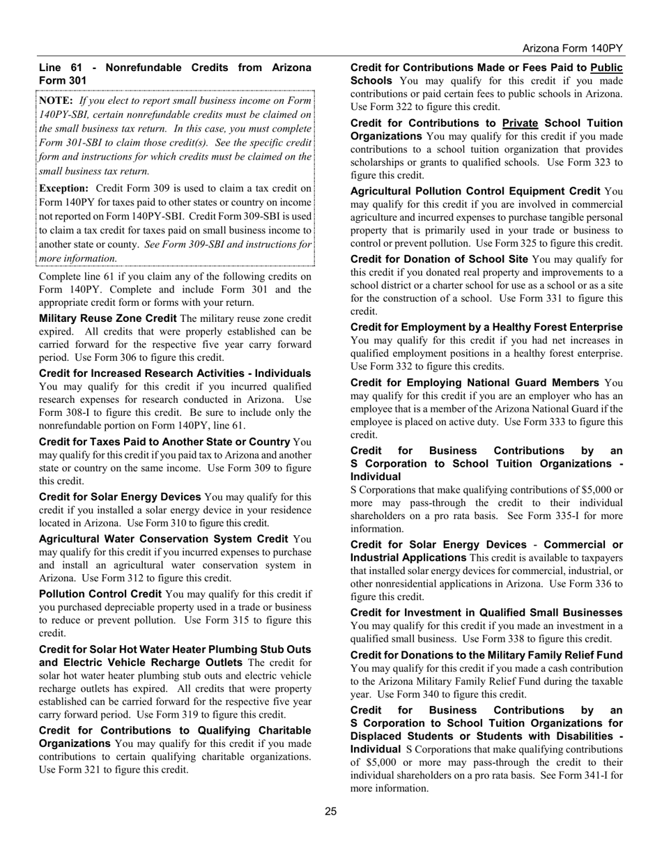 Instructions for Arizona Form 140PY, ADOR10149 Part-Year Resident Personal Income Tax Return - Arizona, Page 25