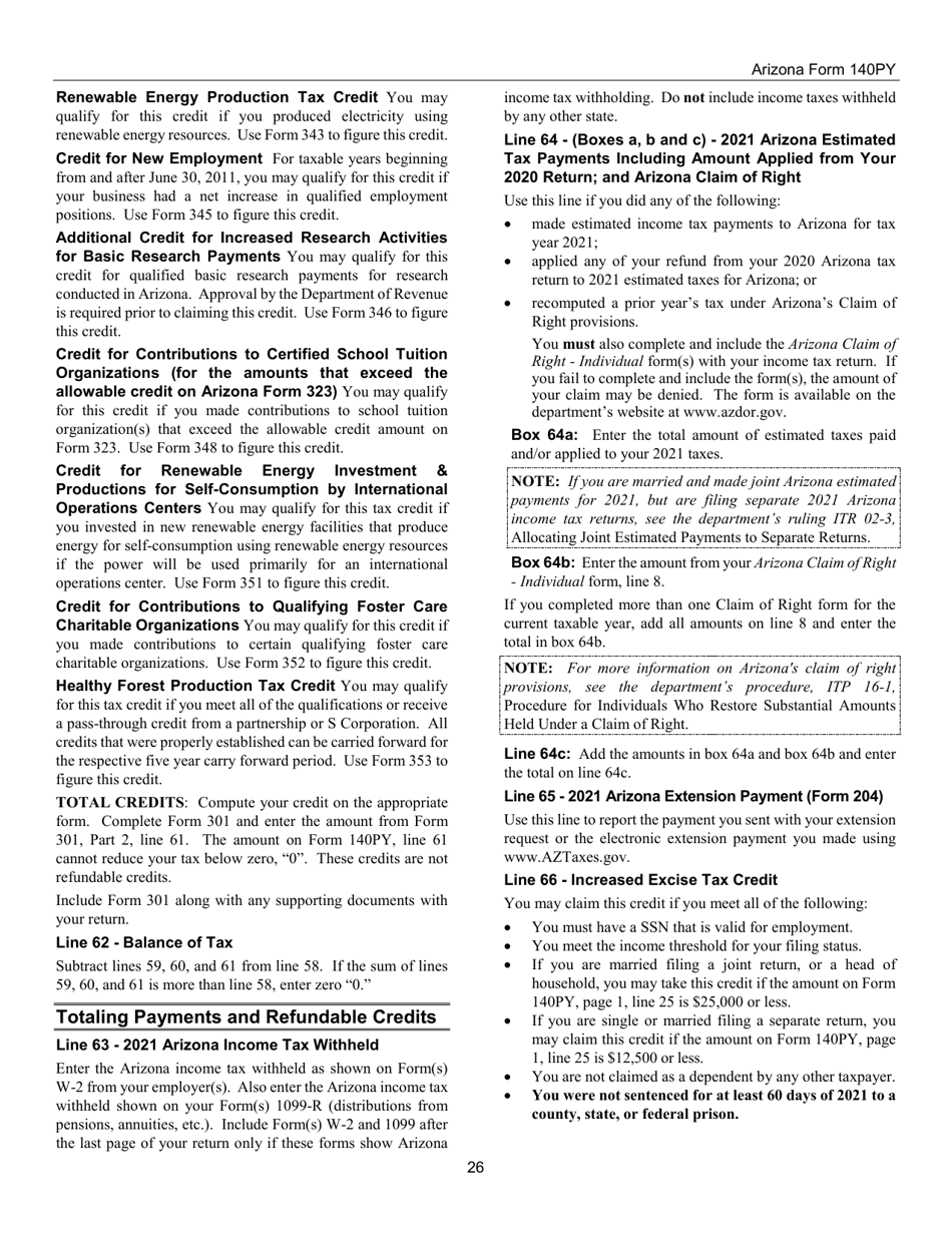 Instructions for Arizona Form 140PY, ADOR10149 Part-Year Resident Personal Income Tax Return - Arizona, Page 26