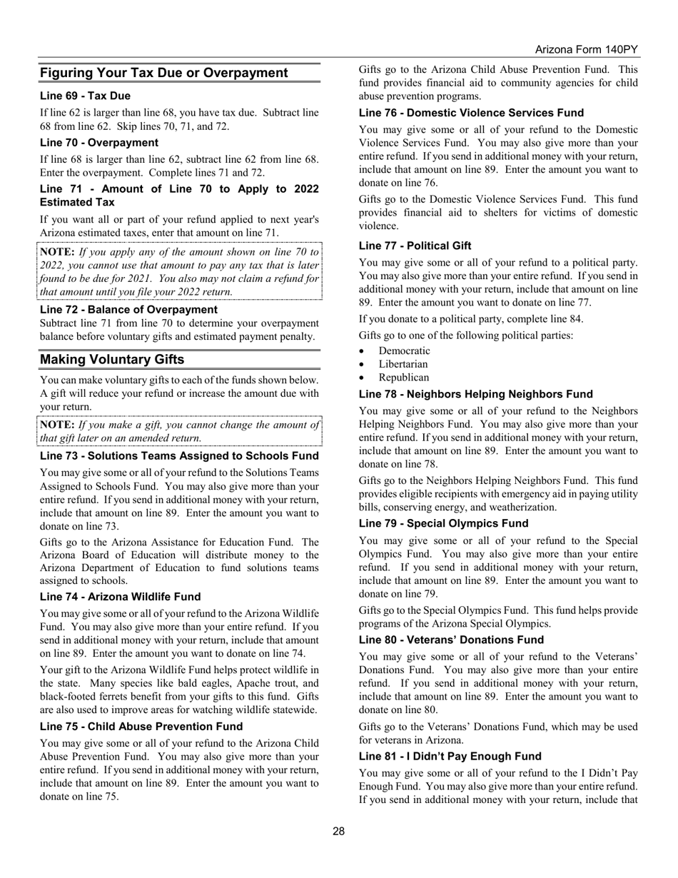 Instructions for Arizona Form 140PY, ADOR10149 Part-Year Resident Personal Income Tax Return - Arizona, Page 28