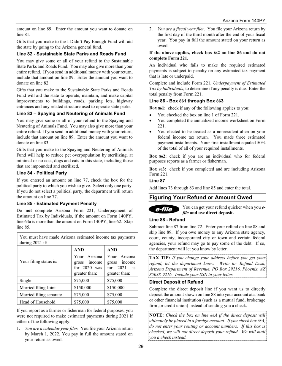 Instructions for Arizona Form 140PY, ADOR10149 Part-Year Resident Personal Income Tax Return - Arizona, Page 29