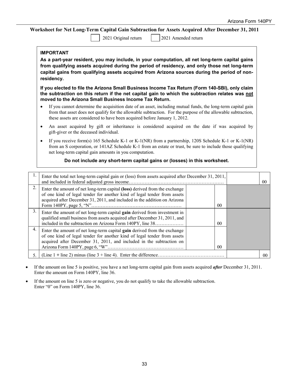 Instructions for Arizona Form 140PY, ADOR10149 Part-Year Resident Personal Income Tax Return - Arizona, Page 33