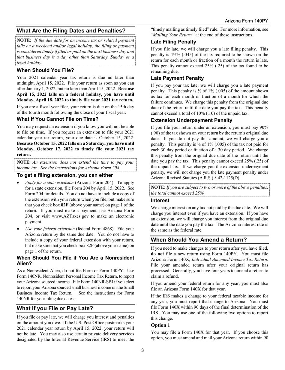 Instructions for Arizona Form 140PY, ADOR10149 Part-Year Resident Personal Income Tax Return - Arizona, Page 3